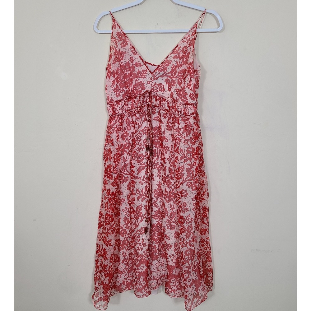 Y2K Babydoll Silk‎ Red Dress Womens 8 Boho Fairy Romantic Floral Midi Dainty